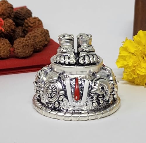 Image of Gold Art India Lord Balaji Charan Paduka Silver Matte Antique Finish Vishnu Charan Paduka for Pooja Room /Car Dashboard Venkateswara Swamy Feet with Shanku Chakra Namam Best Gift (Silver Plated 2 Inch)