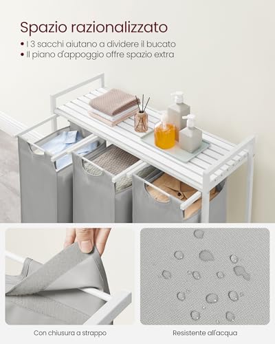 VASAGLE Cesto Portabiancheria, Porta Biancheria, 3 Sacchi in Tessuto Oxford Estraibili e Rimovibili, Piano d’Appoggio, Struttura Metallo, 3 x 38 L, 92,5 x 33 x 72 cm, Grigio Tortora BLH301W03 - Immagine 3