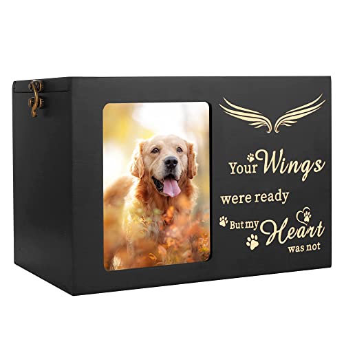 Pet Memorial Urns for Dog or Cat Ashes, Large Wooden Funeral Cremation Urns with Photo Frame, Memorial Keepsake Memory Box with Black Flannel as Lining, Loss Pet Memorial Remembrance Gift