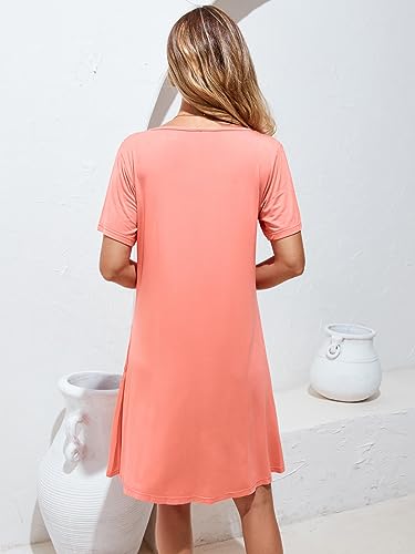 Image of Women's Summer Dresses 2026 Casual T Shirt Dress Short Sleeve Loose Flowy Sundress Swing Tunic Dress with Pockets Melon Red