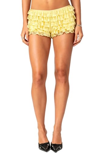 Image of Yiulangde Women Lace Bloomers Layered Ruffle Mini Shorts Y2k Pettipants | Shorts Women,Lolita Ruffled Bloomer Shorts for Under Skirts,Fluffy Booty Shorts,Rave Boy Short Panties,Going out Bottoms