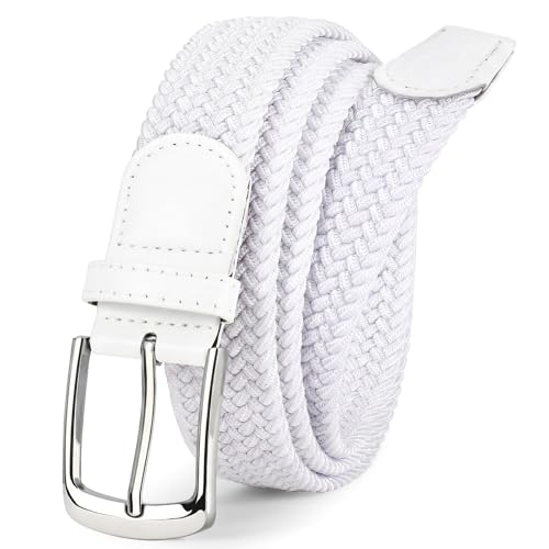 Mens Elastic Woven Golf Belt Casual Stretch Braided Web Belt 1 3/8 Gift for Golf Pants Shorts Jeans (White)