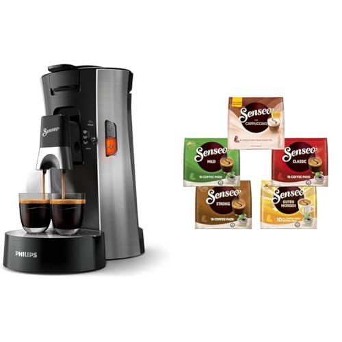 Philips Senseo Select Kaffeepadmaschine Bundle mit 66 Kaffeepads, 3 Kaffeespezialitäten, Memo-Funktion, Crema Plus, Intensität Plus, aus recyceltem Plastik, 0,9L, Gebürsteter Stahl (CSA250/10)