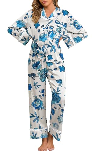 Image of Jusfitsu Women's Silk Satin Pajamas Long Sleeve Ruffle Button Down Pjs Sets