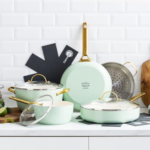 GreenPan Hard Anodized Healthy Ceramic Nonstick 10 Piece Cookware Pots and Pans Set, Gold Handle, PFAS-Free, Dishwasher Safe, Oven Safe, Julep