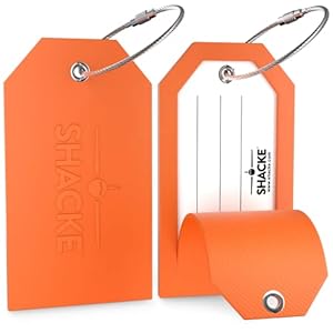 Shacke Large Luggage Tags (2pcs) with Privacy Cover and Steel Loops (Orange)