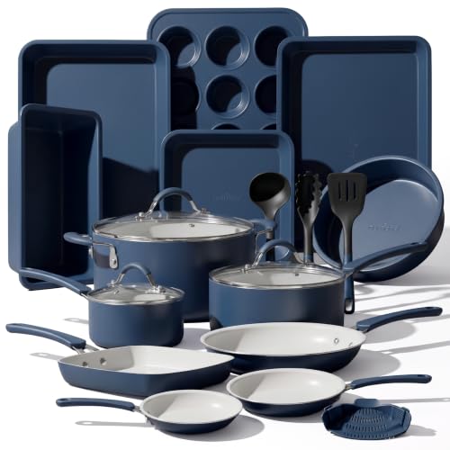 NutriChef Professional 20 Pc Pots and Pans Set Non Stick in Navy Blue - Includes Bakeware & Utensils, Induction Ready, Easy Clean