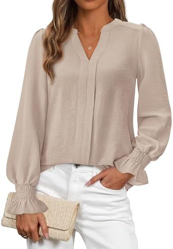 Okiwam Womens Long Sleeve Tops V Neck Shirts Dressy Casual Blouses Business Work Clothes 2025 Fall Fashion Outfits