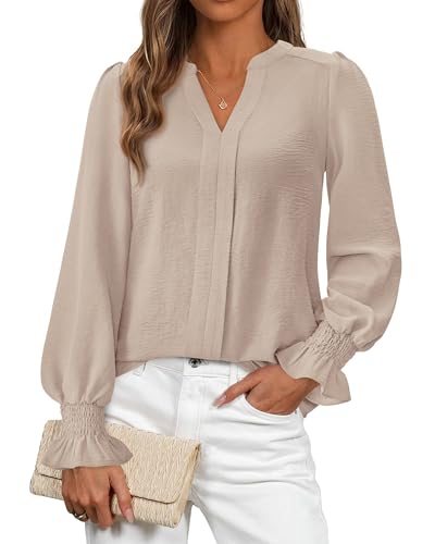 Okiwam Womens Fall Tops Long Puff Sleeve V Neck Shirts Dressy Casual Blouses Business Work Clothes 2025 Fashion Outfits