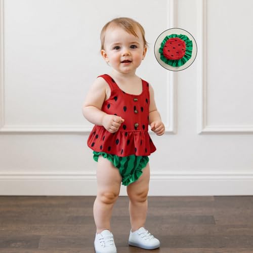 Watermelon Outfit Baby Girl Bloomers Set Smocked Ruffle Tank Top Shorts Set Watermelon Toddler Clothes with Hat3