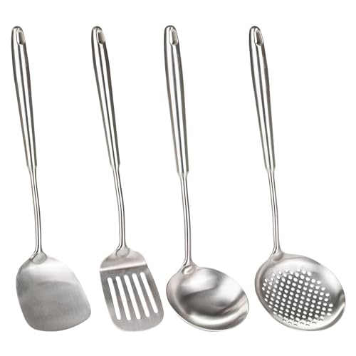 FJNATINH 4-Pieces 304 Stainless Steel Wok Spatula Set,Cooking Utensil Set,Soup Ladle Colander,Nonstick Kitchen Cooking Utensils Set with Spatula,Kitchenware Tools