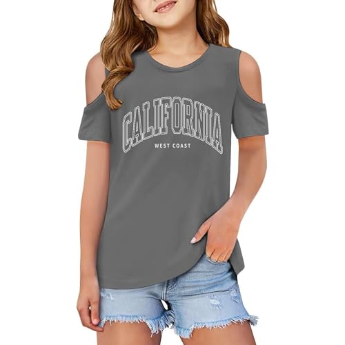 Kids Off the Shoulder T Shirts Girls Age 3-12 Years Short Sleeve Round Neck Trendy Graphic Tshirts Teenage Girls Summer Cartoon Cute School Casual Sports Children Tunic Tops (Grey, 11-12 Years)