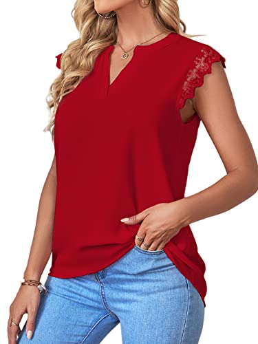 Lyaner Women's Elegant Notch V Neck Lace Trim Cap Sleeve Blouse Shirt Sleeveless Top Red Small #TOP2
