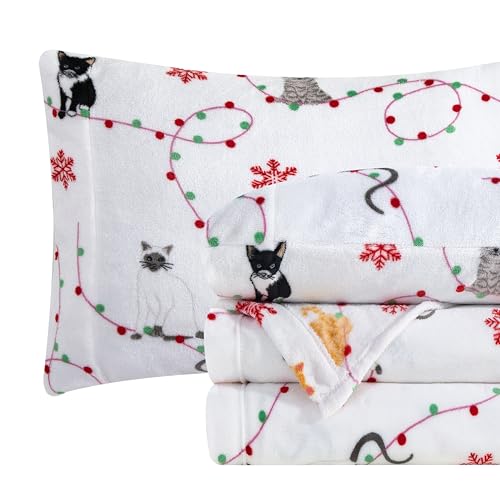 Elegant Comfort Luxuriously Soft 4-Piece Holiday Velvet Plush Flannel Sheet Set - Premium Quality - Cozy Warm, Christmas Fuzzy Velvet Flannel Fleece Deep Pocket Sheet Set - Cal King, Jingle Cats