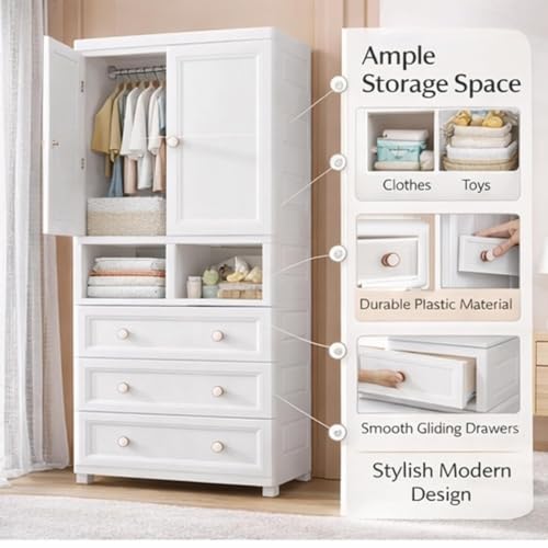 Image of HIWARE Premium Modular Wardrobe for Bedroom, Kids Room and Home | Spacious Clothes Storage Cabinet with Drawers and Shelves | Modern Stylish Design, Heavy Duty, Multiuse Organizer- European+White