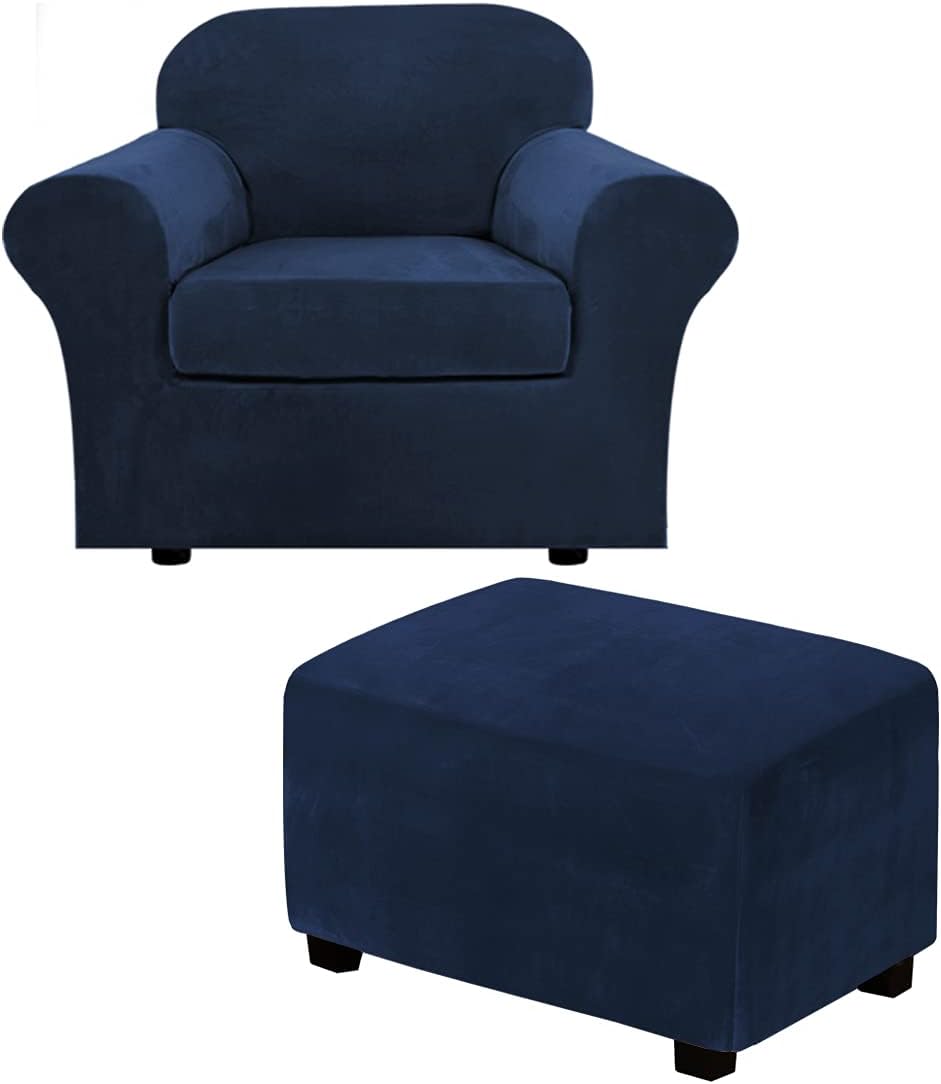 H.VERSAILTEX 2 Piece Chair Cover Chair Slipcover Bundles Large Size Velvet Plush Ottoman Slipcovers(Large, Navy)