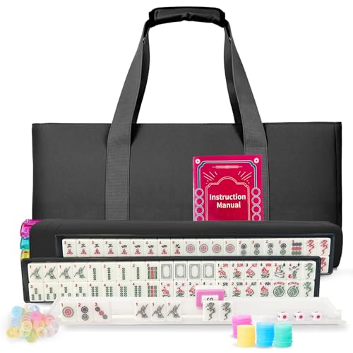 Yedadi Mahjong Tile Set,166 White Tiles Mahjong Set, 4 All-in-One Rack/Pushers /3 dice, /100 Money Chips /1 Mahjong Instructions, American Mahjong Set with Black Carrying Bag