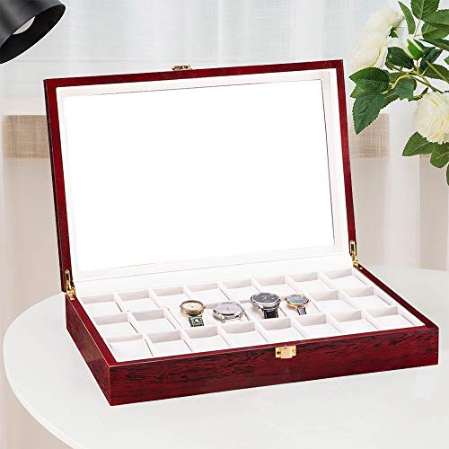 Fosinz 24 Slots Wooden Case Watch Display Box For Men Women Glass Top Collection Box Jewelry Storage Organizer Holder Storage Gifts (16.7" X 11.42" X 3.15", Bright Mahogany Red) #TOP1