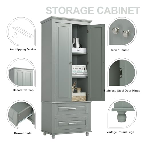 Image of Merax 62.5 inch Pantry Cabinet with Two Doors & Two Drawers, Adjustable Shelves Storage Cupboard for Kitchen /Dining Room /Bathroom, Gray