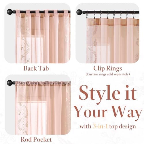 Image of jinchan Floral Sheer Curtains, Back Tab 50x96 Inch, 2 Panels Pink