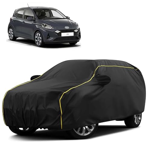 Image of Sulfar 100% Water Resistant Car Body Cover Compatible with Mirror for Hyundai i10 (Triple Stitched, Full Bottom Elastic, Black Taffeta with Yellow Piping)