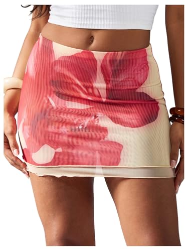 OYOANGLE Women's Floral Layered Mesh Mini Skirt Lettuce Trim Bodycon Boho Going Out Skirts