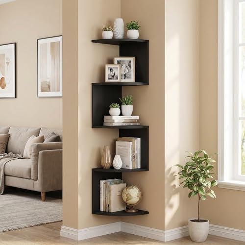 FRAWENLECO 5-Tier Corner Shelf Wall Mount, Screw-Mounted Floating Bookshelf with Enhanced Support, Space-Saving Zigzag Shelf for Bedroom, Living Room, Office, Garage – (Black)