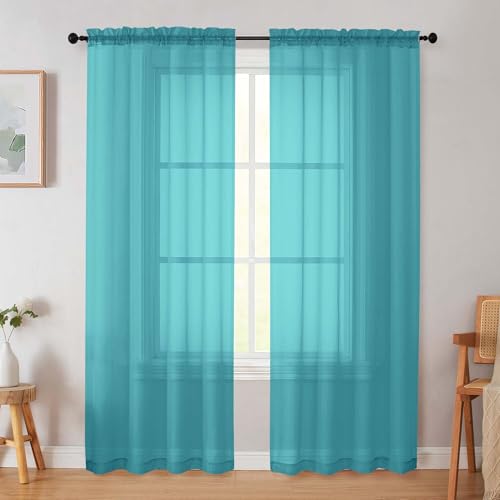 WelvetBLK Turquoise Sheer Curtain for Bedroom Living Room 78 Inches Long 2 Panels Set, Solid Soft Airy Light Filtering Sheer Window Curtains, Modern Rod Pocket Door Curtain, 42" Wx78 L Inches