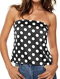 AIHUKOCY Women Polka Dot Satin Tube Bandeau Strapless Sleeveless Backless Tank Top Polka Dots Silk Peplum Y2k Tube Shirt Tops Black