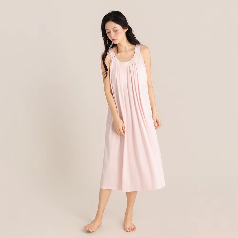 Camisón de algodón para mujer, sin mangas, ajuste holgado, longitud media, para dormir