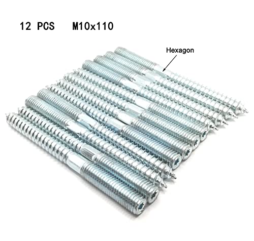 Image of Hanger Bolt M10x110 Silvery Double Headed Bolt Self-Tapping Screw with Hexagon for Furniture 12Pcs