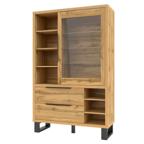 Vitrine, argentier, vaisselier Milos. Coloris chêne et Finitions Noire. Meuble idéal pour Votre Salle à Manger.