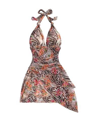 Milumia Women's Floral Leopard Tie Backless Halter Short Dress Sexy V Neck Layered Mesh Mini Dress