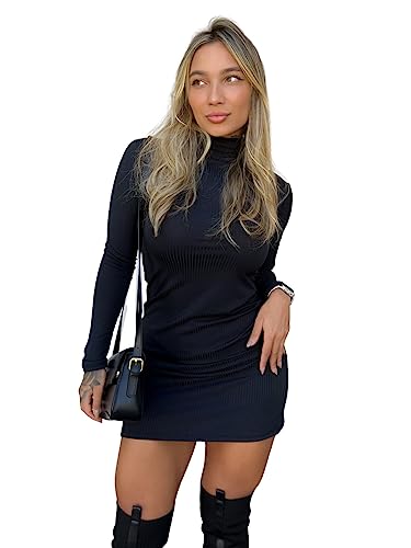 Vestido Manga Longa Tubinho Curto Canelado Gola Alta (Único, Preto)