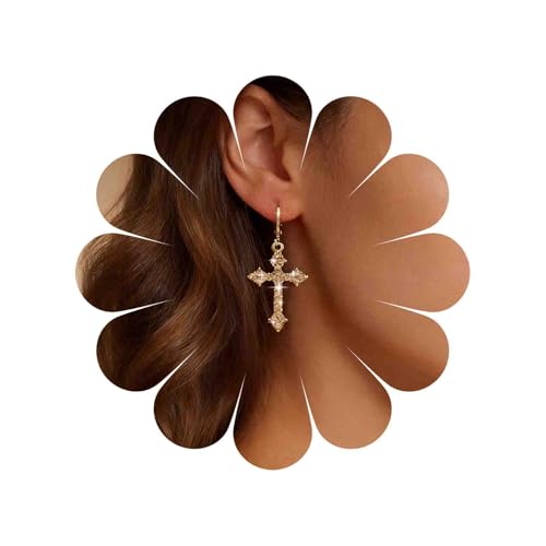 Katshdan Boucles d'oreilles créoles en forme de croix CZ pour femme - Boucles d'oreilles pendantes en cristal doré - Petite croix en strass - Boucles...