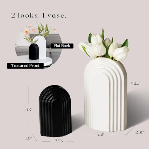 Image of PUREZENTO Boho Style Black & White Vase 9 & 6 Inch - Set of 2 | Arched Shape Vase for Home Decor Centerpiece for Living Room, Tabletop Styling | Vase for Pampas Grass, Dried, and Artificial Flowers