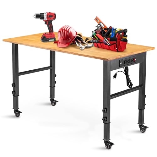 OLBRUS 48" Adjustable Workbench with Power Outlet and Wheels