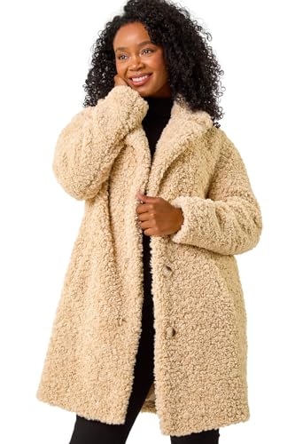 Roman Originals Teddy Coat for Women UK Ladies Borg Faux Fur Coatigan Lined Casual Soft Fluffy Fleece Texture Oversized Longline Warm Cosy Winter Jacket Thick Cardigan - Petite Stone - Size 14