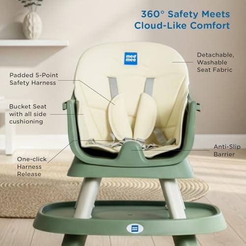 Image of Mee Mee Little Scholar Baby High Chair for Baby Feeding, 5-in-1 Convertible Kids Feeding Chair Compact Fold with High Adjustable, Play Chair Booster, Travel Friendly, 0.5 to 3 Years Kids (Green)