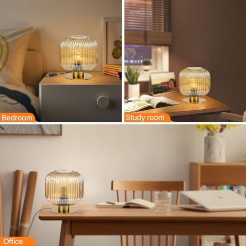 Miniatura 2 de Lámpara de mesa moderna de mediados de siglo, lámpara de mesa de vidrio ámbar, lámpara de noche vintage, lámpara de mesita de noche dorada, diseño