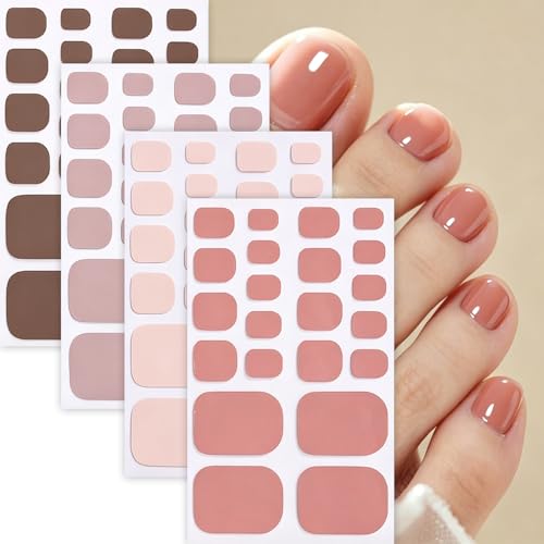 Solid Color Full Nail Wraps Elegant Simple Toe Nail Polish Stickers Nude Pink Toenail Stickers 4 Sheets Self-Adhesive Toe Nail Full Cover Decals Supplies for Women Manicure Accessories Decoration