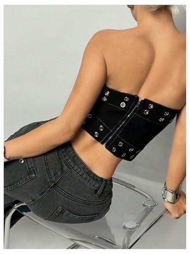 Floerns Women's Y2k Strapless Tube Tops Zip Back Hanky Hem Sleeveless Punk Crop Top3