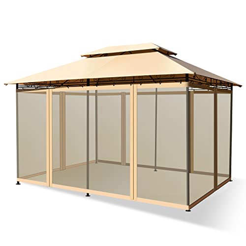 COSTWAY Carpas para Exteriores 4x3m, Cenadores para Jardin con Red Removible y Dobles Techos， Estructura en Acero Reforzado, Pergolas de Jardin Camping Playa (café)