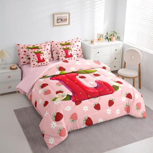 Image of Feelyou Girls Pink Red Strawberry Comforter Set Queen Size 7 Pieces Initial Letter L Bedding Set Kids Boys Girls Princess Strawberry Bed in a Bag with Comforter, Sheets, Pillowcases, Cushion Covers