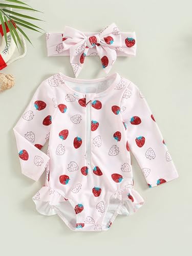 Toddler Girl Strawberry Print Swimwear Jumpsuit Long Sleeve Zipper One-Piece Bathing Suit with Headband2