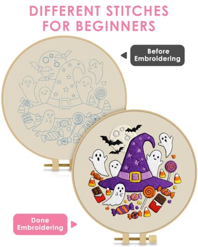 Image of TINDTOP Halloween Embroidery Kit for Adult, Embroidery DIY Starter Kit, with Stamped Patterns, Hoop, Tools, Colorful Threads with Needles, Instructions (Halloween C)