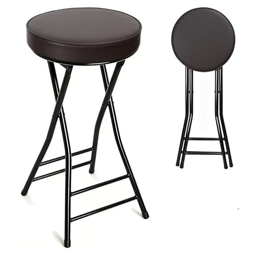 Image of Folding Bar Stool,24 Inch Tall Foldable Stool Chair,Counter Height Cushioned Leather Padded Portable Stools,Heavy Duty Collapsible Stools for Kitchen Island Garden Camping Brown