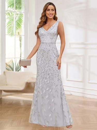 Women's Sparkly Mother of Bride Dresses Sequin Double V-Neck Sleeveless Mermaid Long Formal Evening Dress2