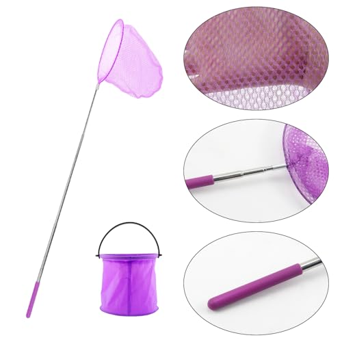 XIAQICA Schmetterlingsnetz Teleskop Kescher Kinder with Faltbarer Eimer Kächersieb Kinder Käscher für Fischernetz Teichnetz Ausziehbar Kleinen Fischen Outdoor Strand Garten (Lila)