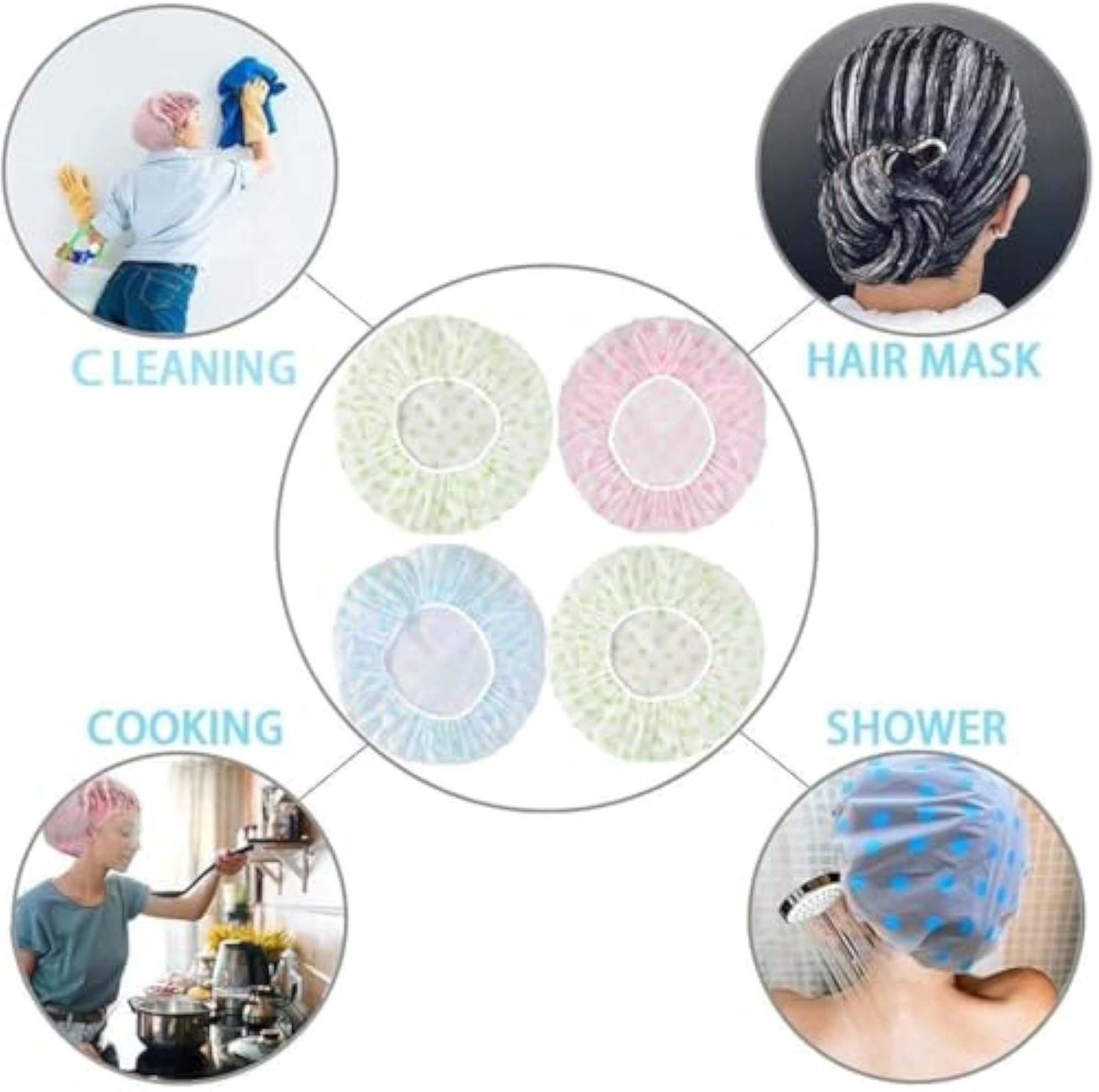 Shower Cap Set of 6 for Women, Reusable Waterproof